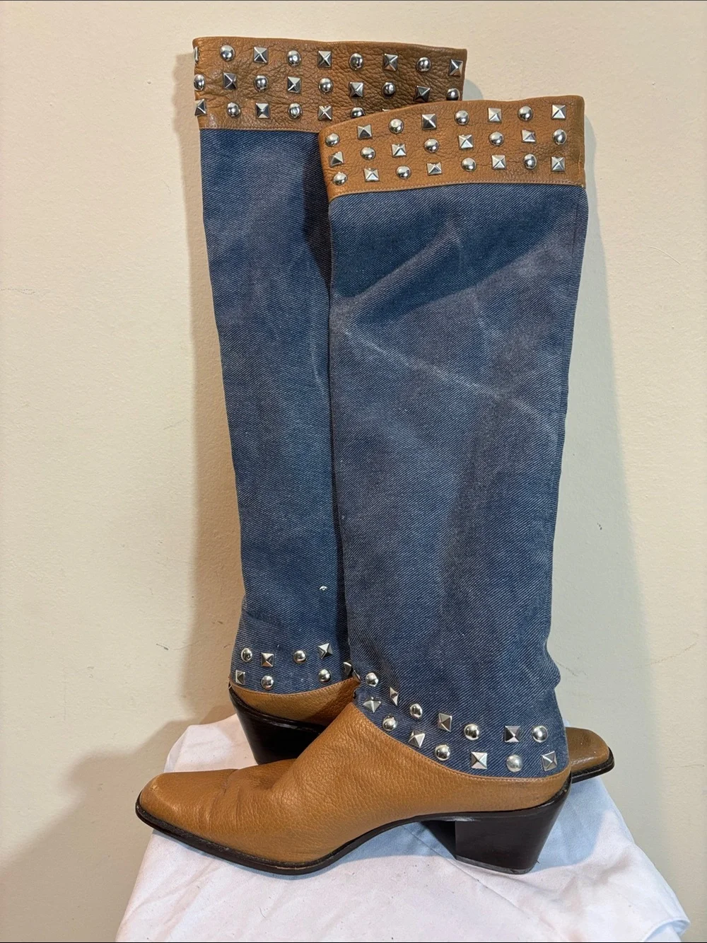 Vintage Stuart Weitzman Blue Denim and Tan Studded Boots